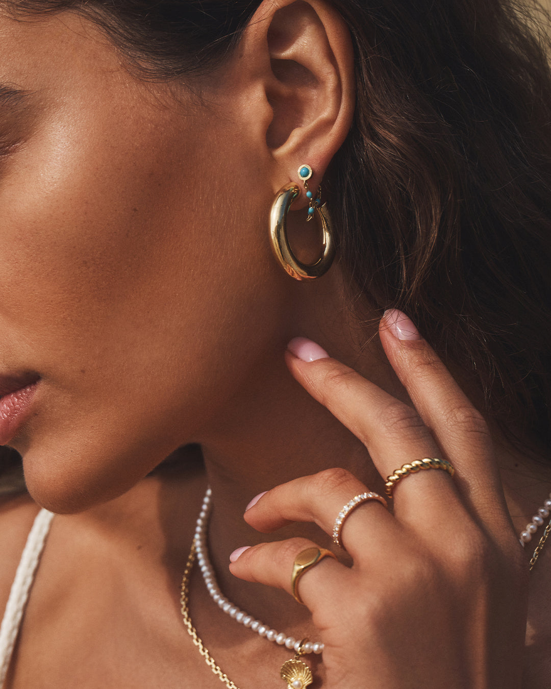 Turquoise Capri Chain Huggies - Image 3